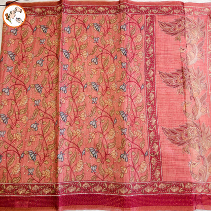 Terracotta Dusty Rose colour Chanderi Kantha Embriodary Cotton Casual Saree