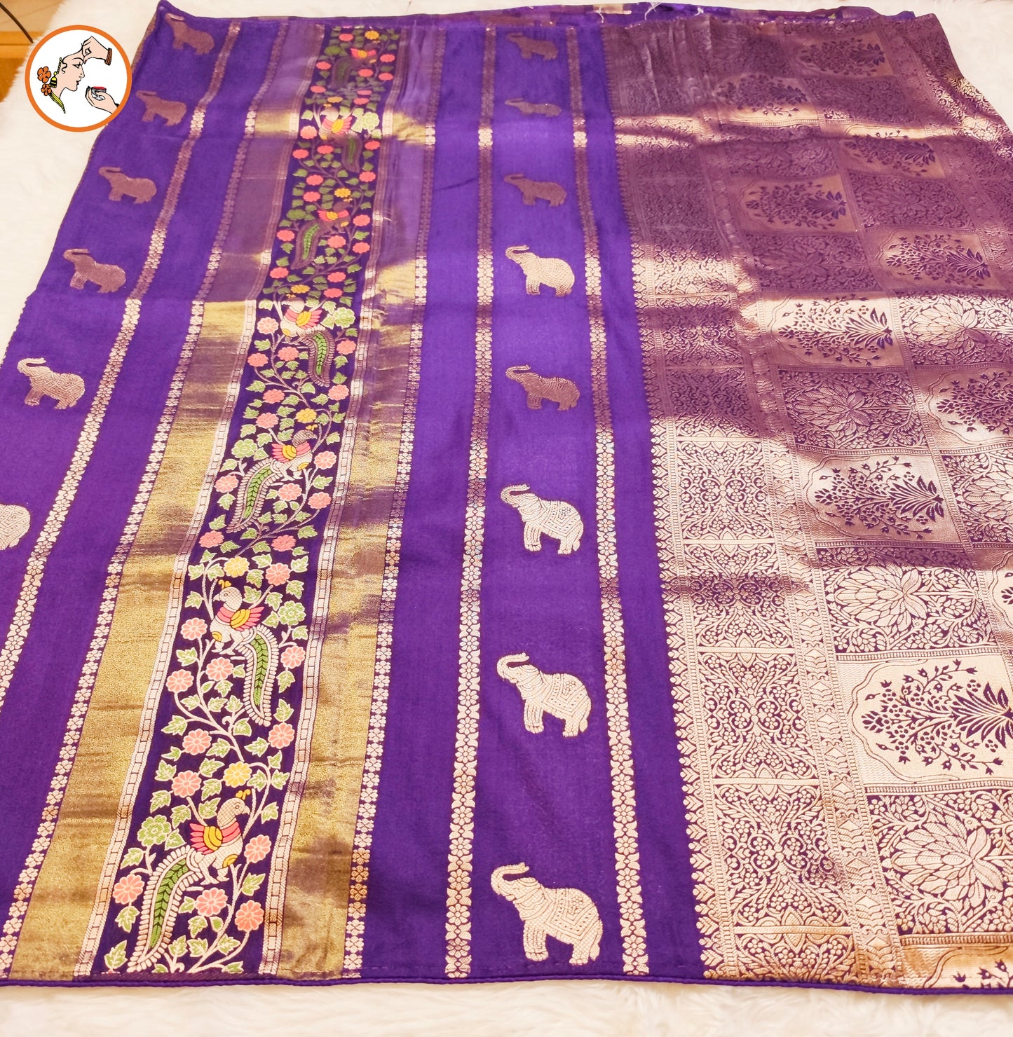 Purple elephant motif Peacock Meenakari work Fancy Silk Saree