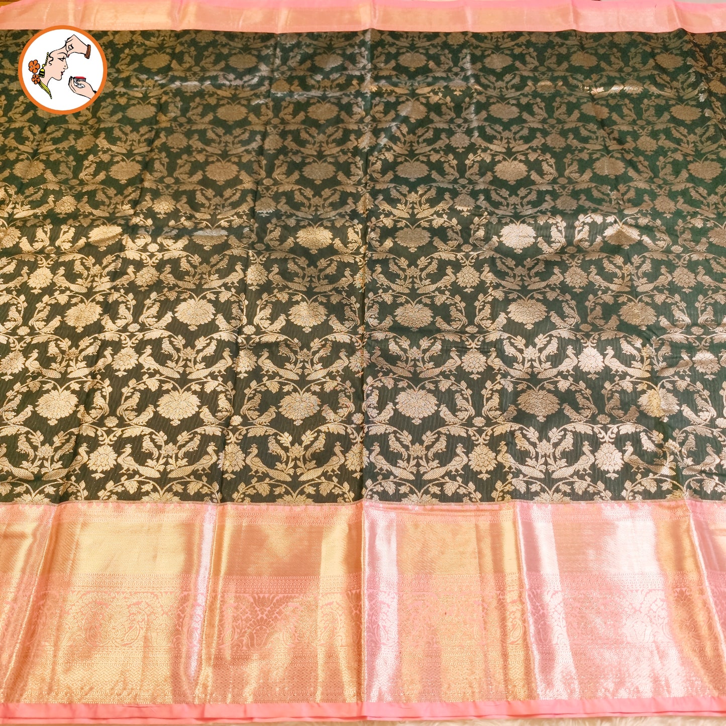 Dark Green with Baby Pink border Bridal Kanchipuram Mix Silk Saree