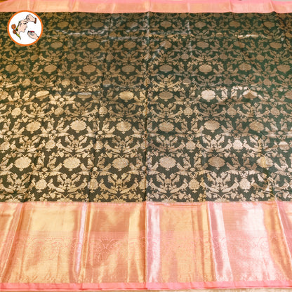 Dark Green with Baby Pink border Bridal Kanchipuram Mix Silk Saree
