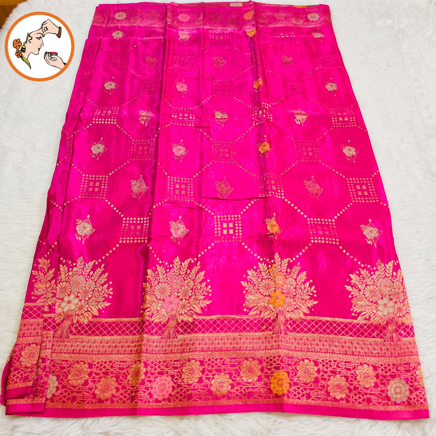 Rani Pink Gold zari work Bridal Pure Russian Satin Silk Saree