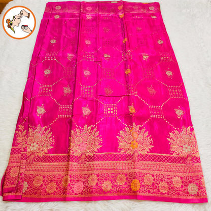 Rani Pink Gold zari work Bridal Pure Russian Satin Silk Saree