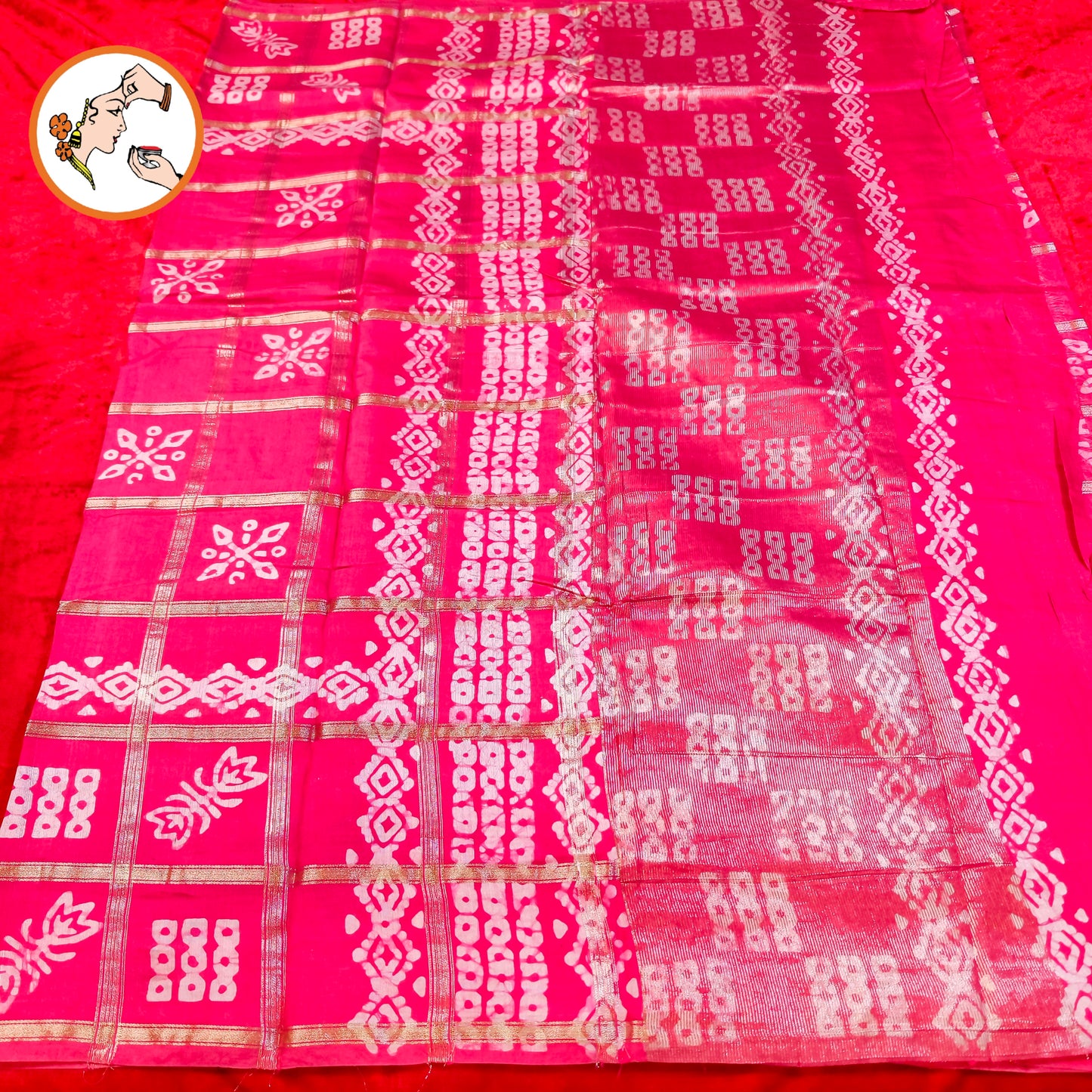 Pink checks Saree with Flower butta Soft Cotton Casual Saree