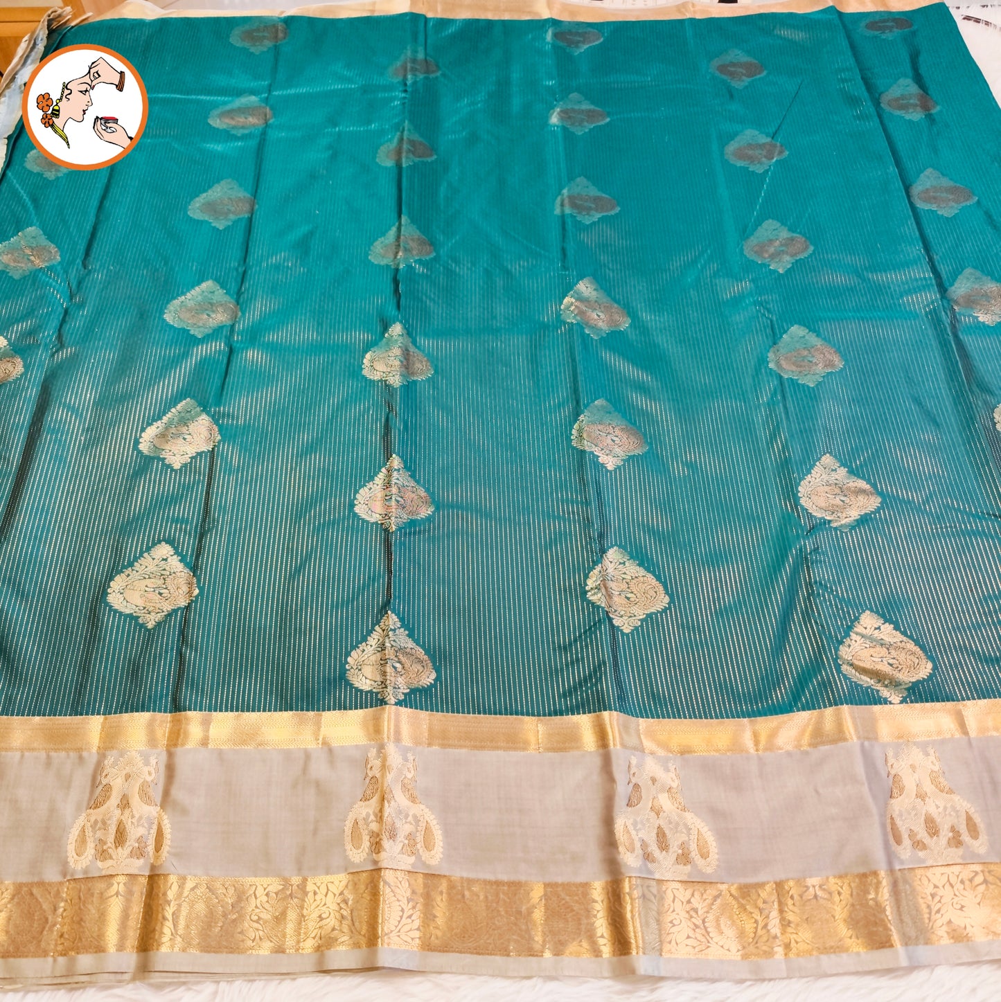 Peacock Green peacock border Vairoosi stripes Kanchipuram Semi SIlk Saree