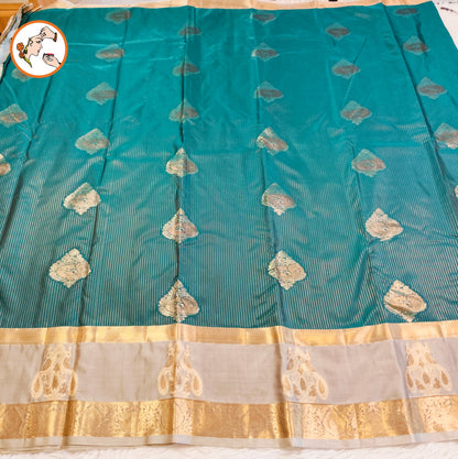 Peacock Green peacock border Vairoosi stripes Kanchipuram Semi SIlk Saree