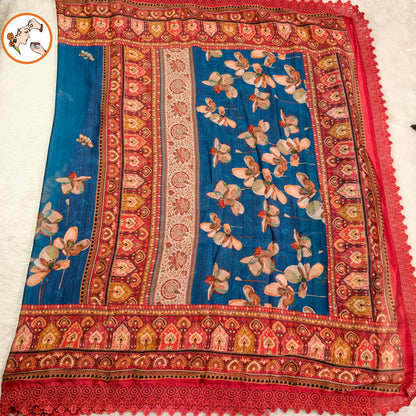 Peacock Blue Designer Georgette Saree with lace border