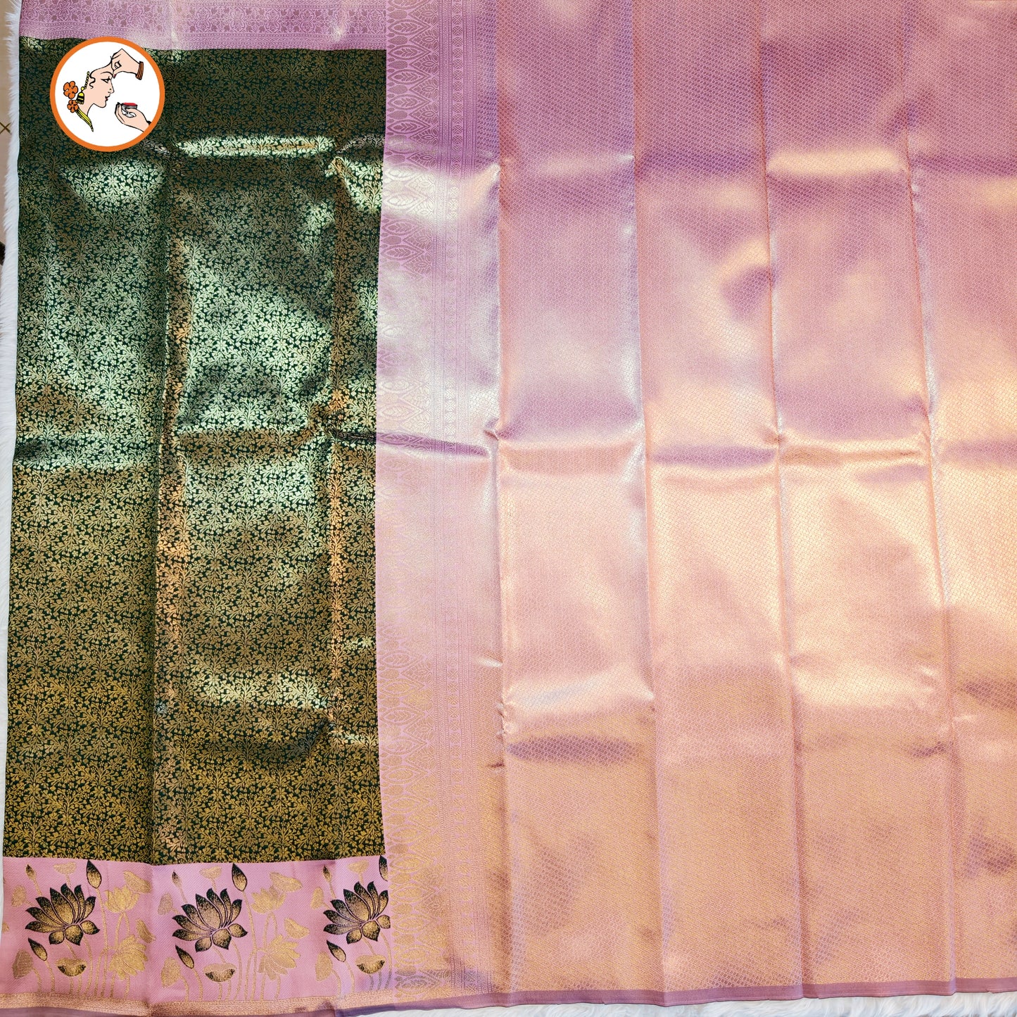Dark Green with Pink Lotus border Fancy Semi Silk Saree