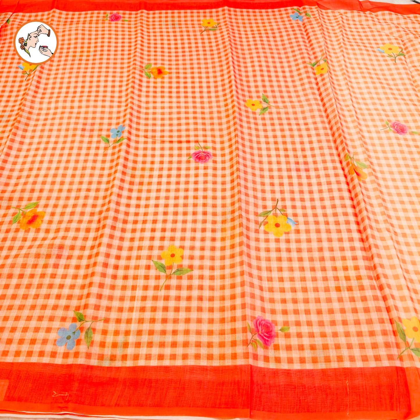 Orange checks pattern Linen Cotton Casual Saree