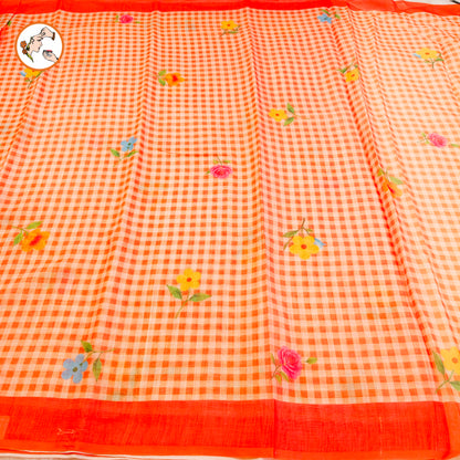 Orange checks pattern Linen Cotton Casual Saree