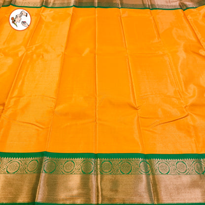 Mustard Yellow with Green border Vairoosi stripes Kanchipuram Semi Silk Saree