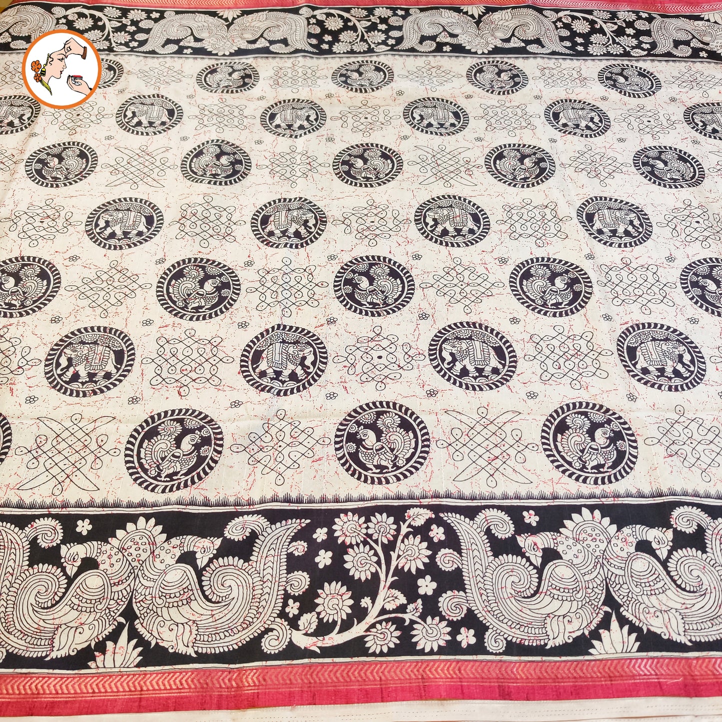 Black & White Kalamkari Tussar Silk Saree with Kolam & Elephant Peacock butta