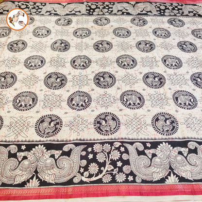Black & White Kalamkari Tussar Silk Saree with Kolam & Elephant Peacock butta
