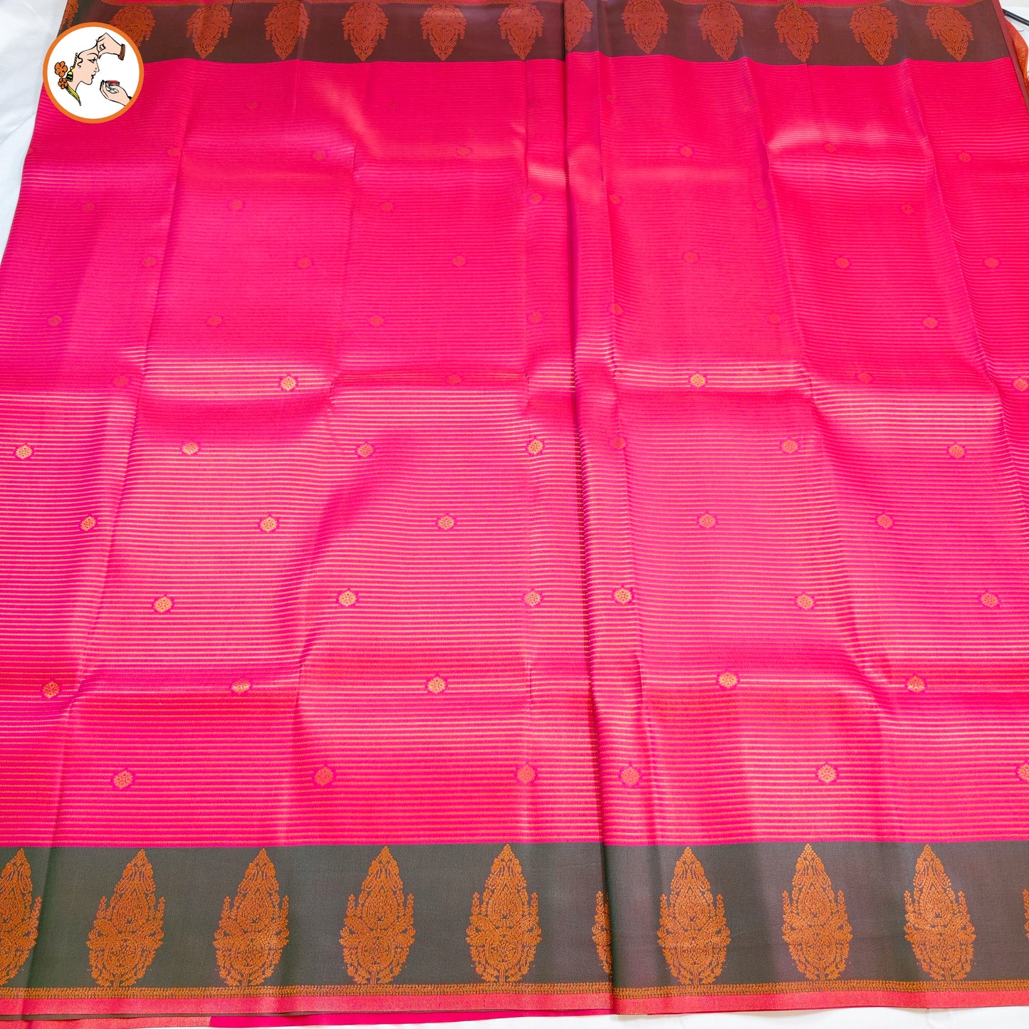 Pink & Green Semi Silk Saree with horizontal stripes & fancy border