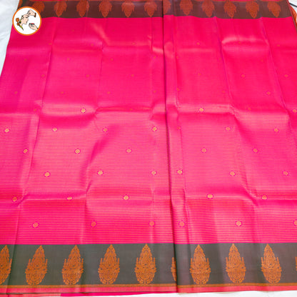 Pink & Green Semi Silk Saree with horizontal stripes & fancy border