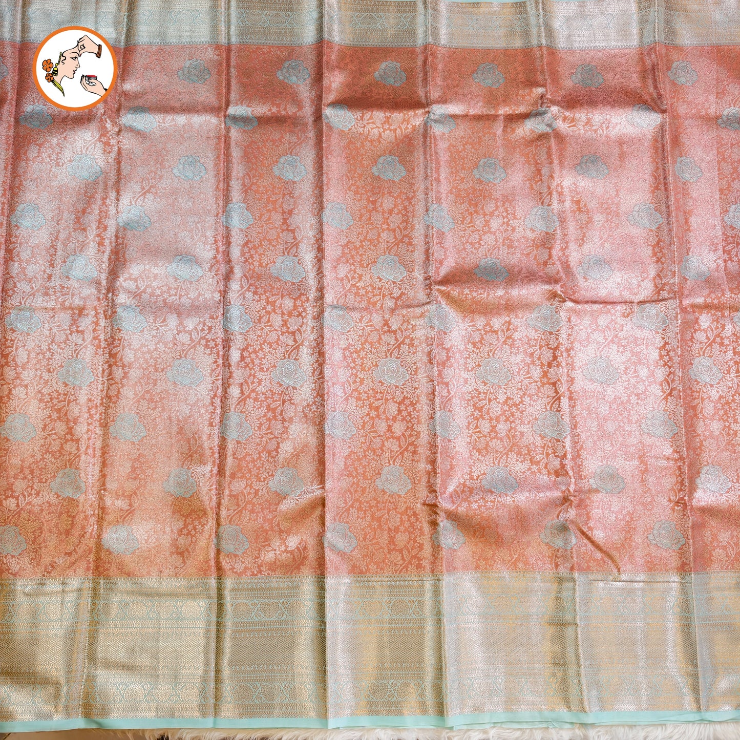 Golden Peach with Sea Green border High Tissue Kanchipuram Silk Saree with 3D Floral Pattern