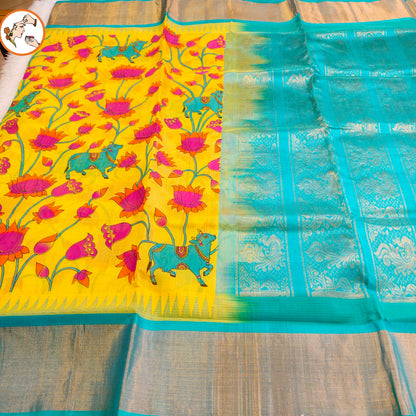 Lime Yellow with Sky Blue Pure Silk Cotton Saree with beautiful Kalamkari print