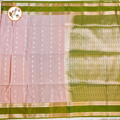 Onion Pink with Parrot Green Raindrop design Retta Petta border Semi Soft Silk Saree