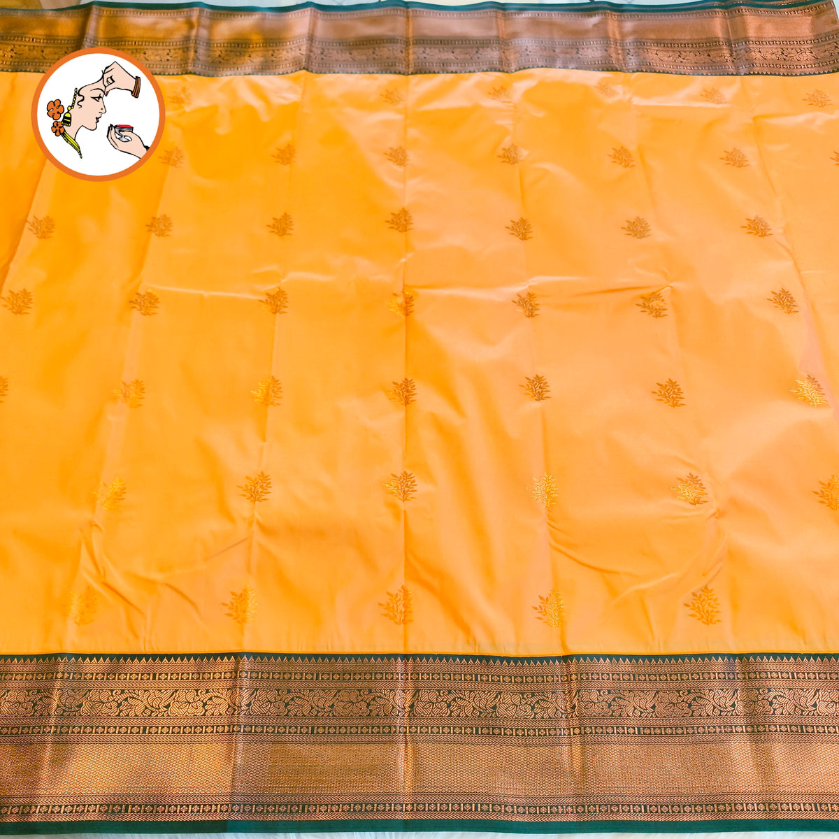 Apricot colour (Light Mango Yellow) with Dark Green border Kanchipuram Semi Silk Saree