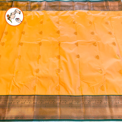 Apricot colour (Light Mango Yellow) with Dark Green border Kanchipuram Semi Silk Saree