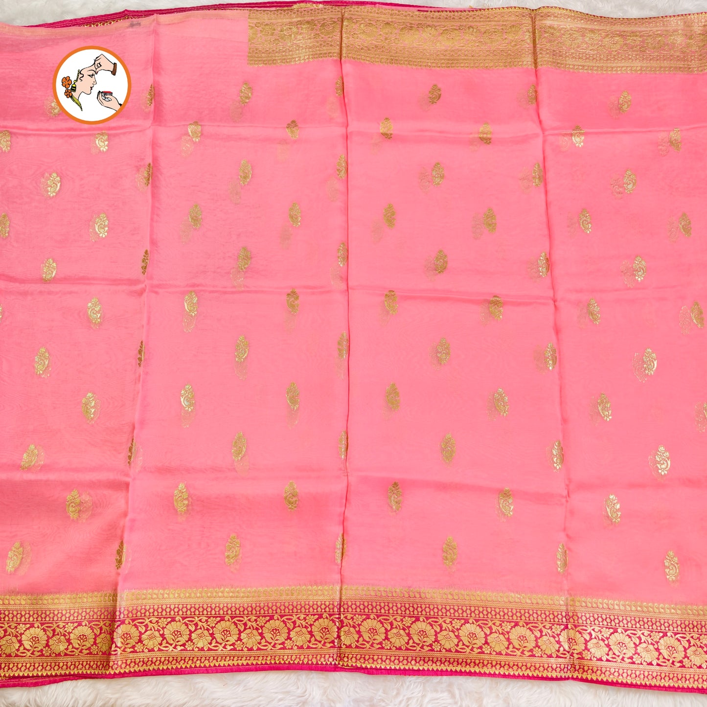 Light Pink Pure Organza Designer Saree with contrast Dark Pink border & blouse
