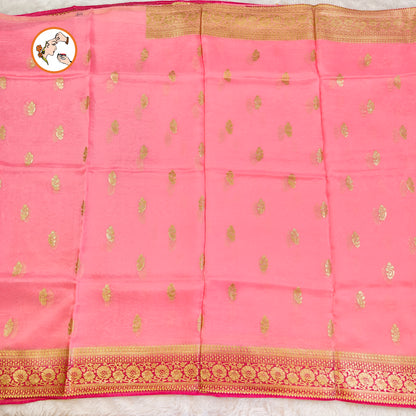 Light Pink Pure Organza Designer Saree with contrast Dark Pink border & blouse