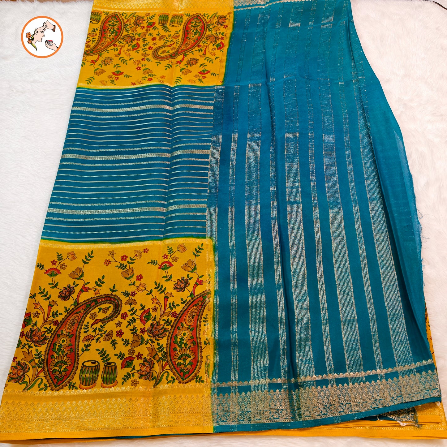 Yellow & Peacock Blue designer semi Mysore Silk Saree