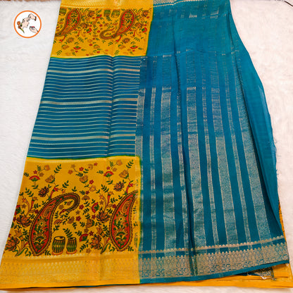 Yellow & Peacock Blue designer semi Mysore Silk Saree