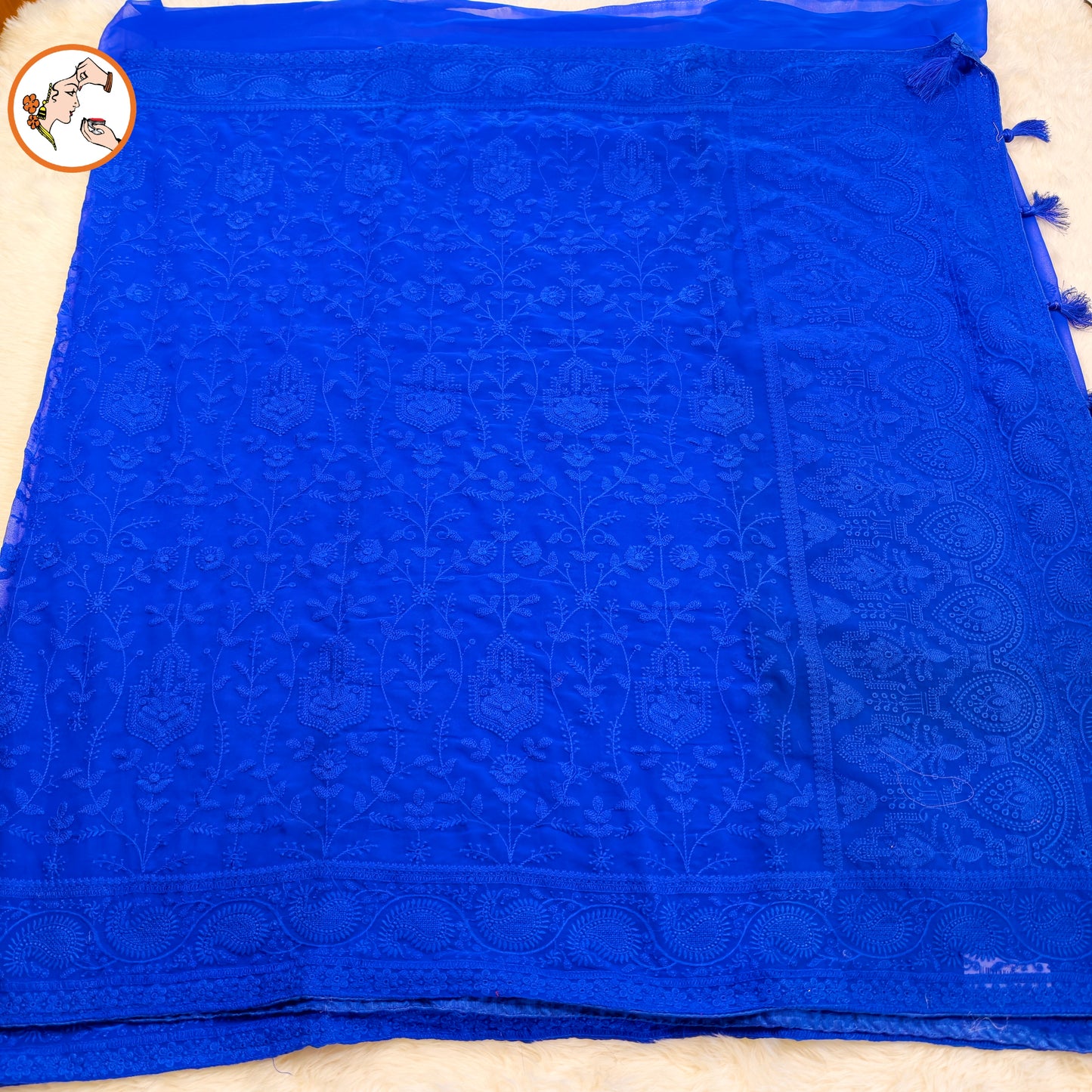 Royal Blue Lucknowi Chikankari Embroidery Pure Chiffon Partywear Saree