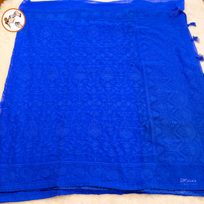 Royal Blue Lucknowi Chikankari Embroidery Pure Chiffon Partywear Saree