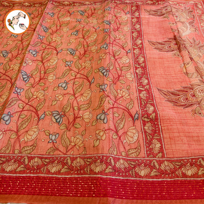 Terracotta Dusty Rose colour Chanderi Kantha Embriodary Cotton Casual Saree