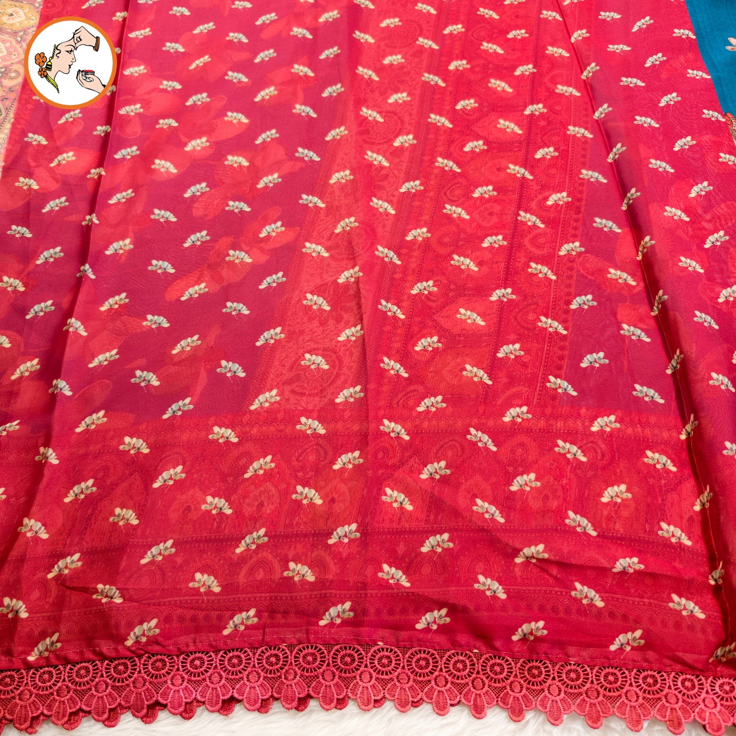 Peacock Blue Designer Georgette Saree with lace border