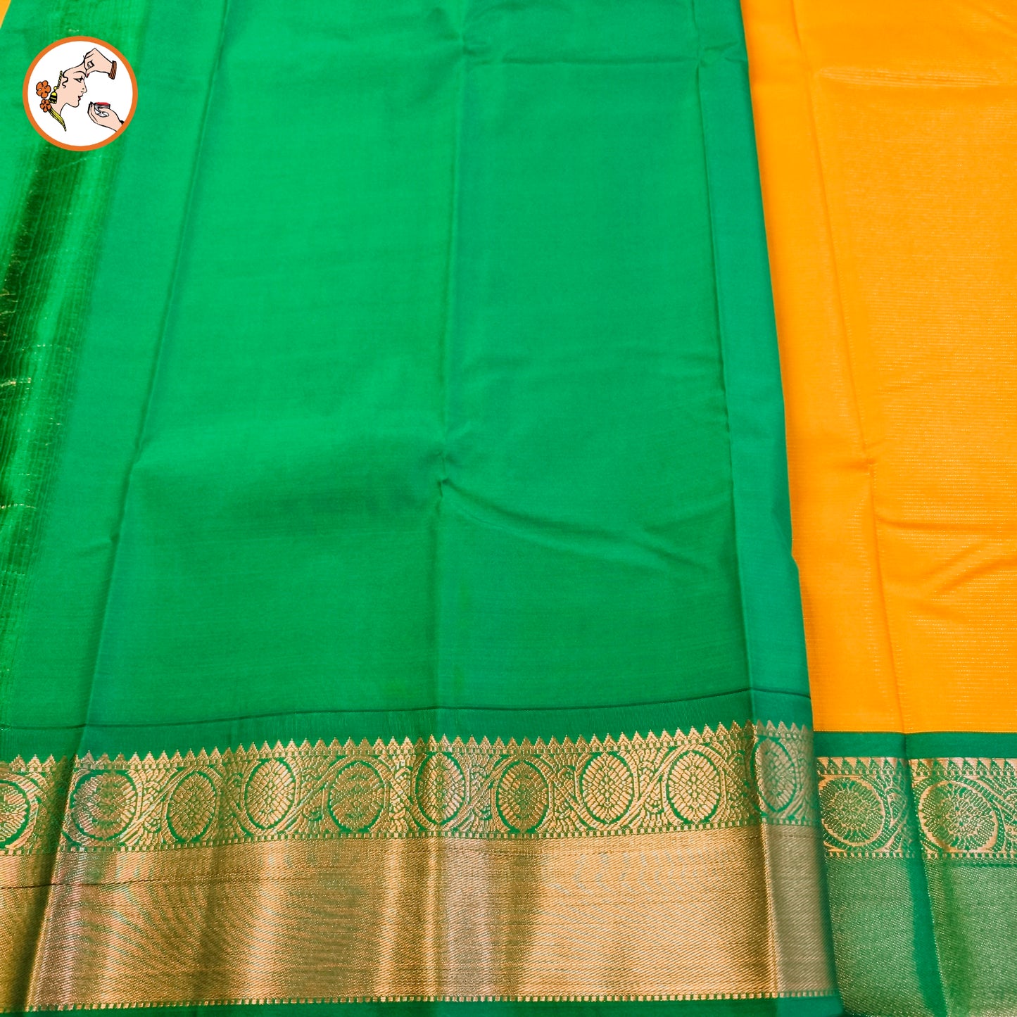 Mustard Yellow with Green border Vairoosi stripes Kanchipuram Semi Silk Saree