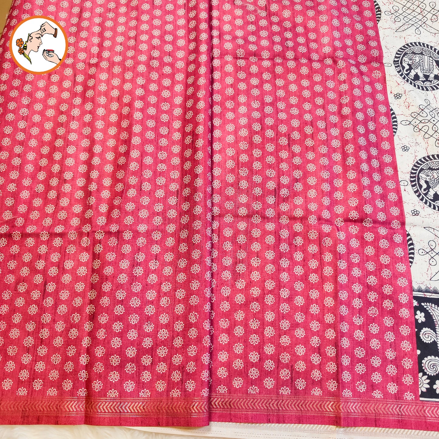 Black & White Kalamkari Tussar Silk Saree with Kolam & Elephant Peacock butta