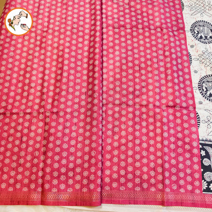 Black & White Kalamkari Tussar Silk Saree with Kolam & Elephant Peacock butta