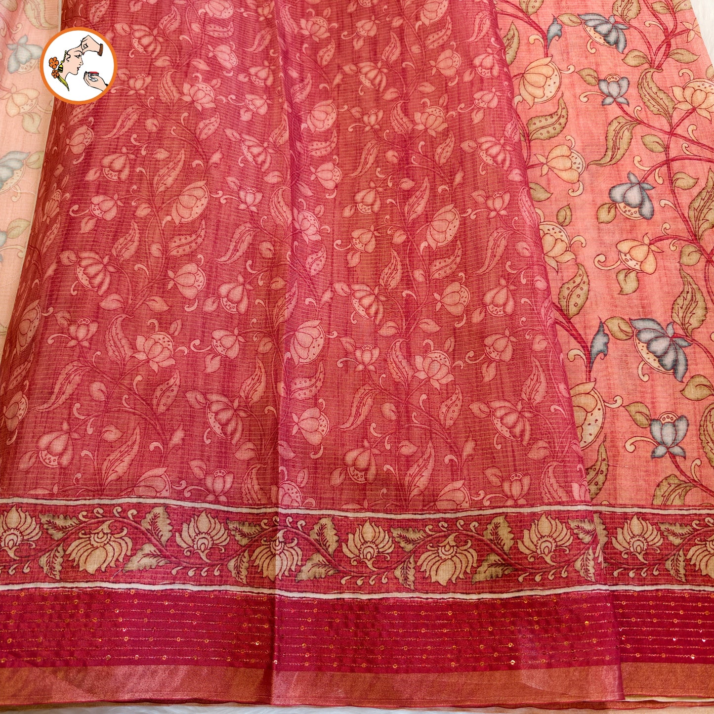 Terracotta Dusty Rose colour Chanderi Kantha Embriodary Cotton Casual Saree