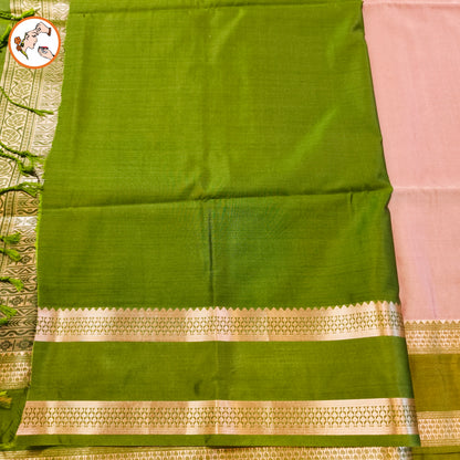 Onion Pink with Parrot Green Raindrop design Retta Petta border Semi Soft Silk Saree