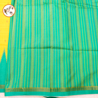 Lime Yellow with Sea Green temple border Dola Silk Casual Saree
