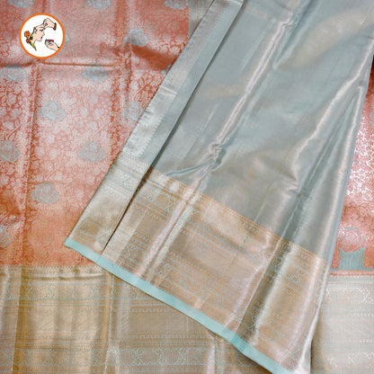 Golden Peach with Sea Green border High Tissue Kanchipuram Silk Saree with 3D Floral Pattern