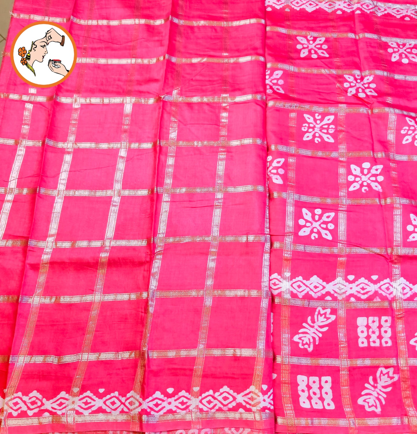 Pink checks Saree with Flower butta Soft Cotton Casual Saree