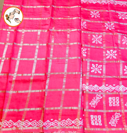 Pink checks Saree with Flower butta Soft Cotton Casual Saree