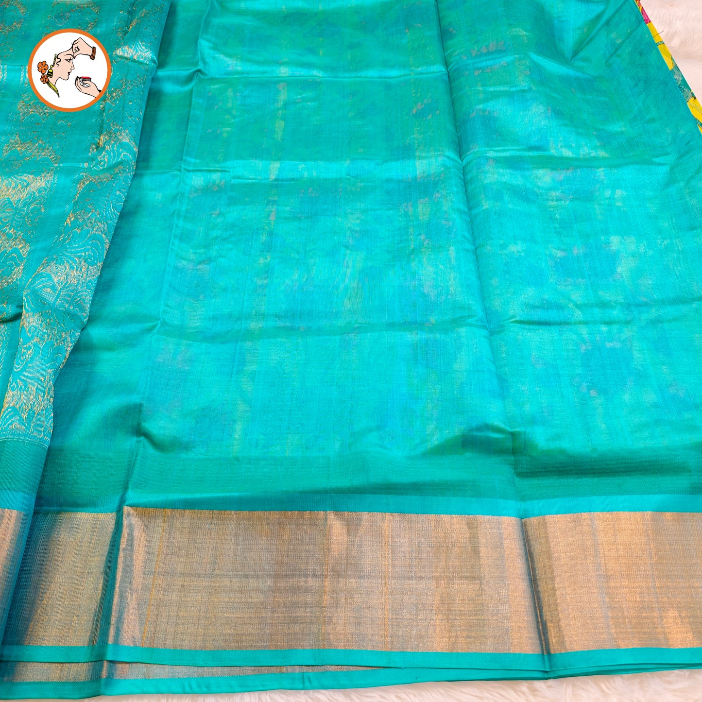 Lime Yellow with Sky Blue Pure Silk Cotton Saree with beautiful Kalamkari print