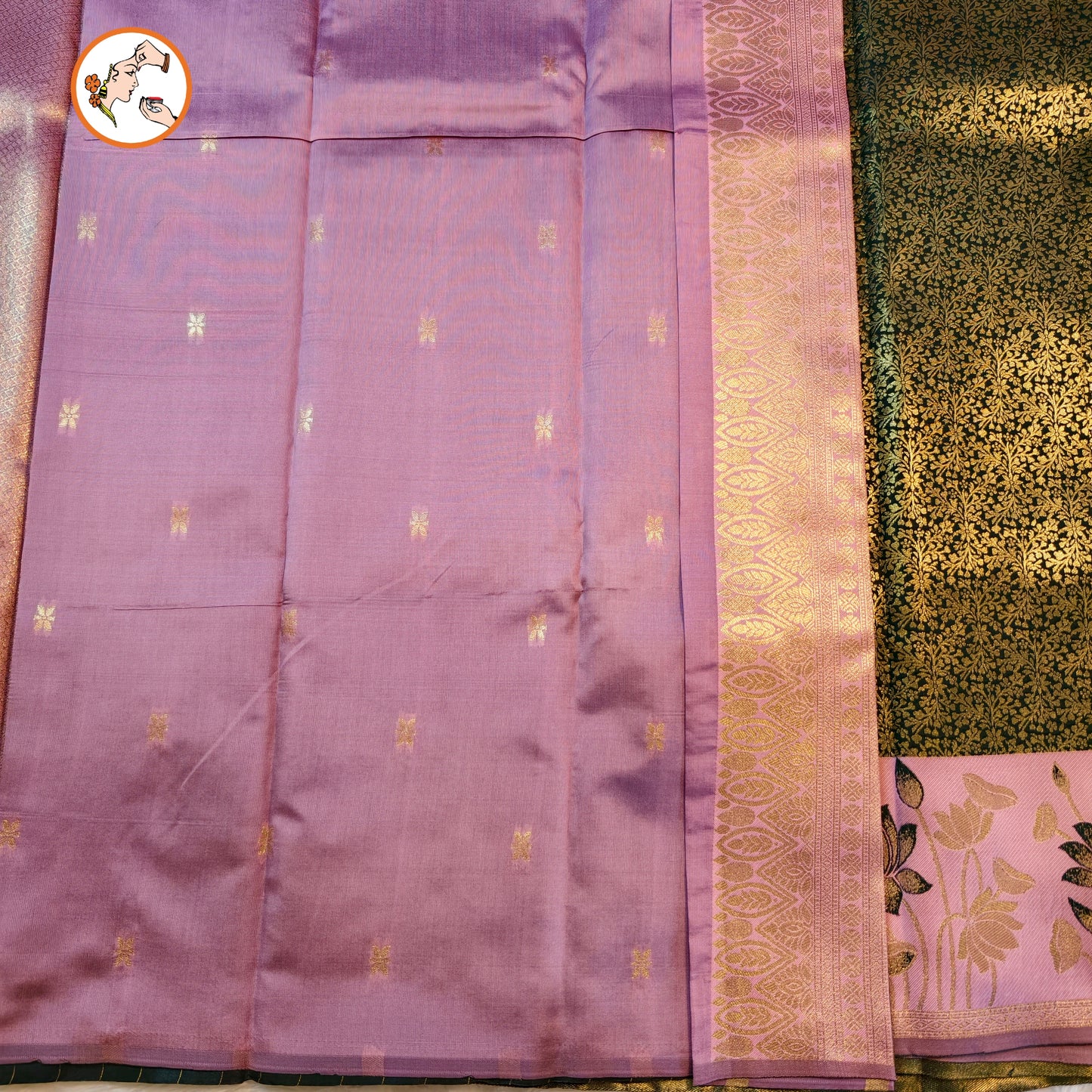 Dark Green with Pink Lotus border Fancy Semi Silk Saree