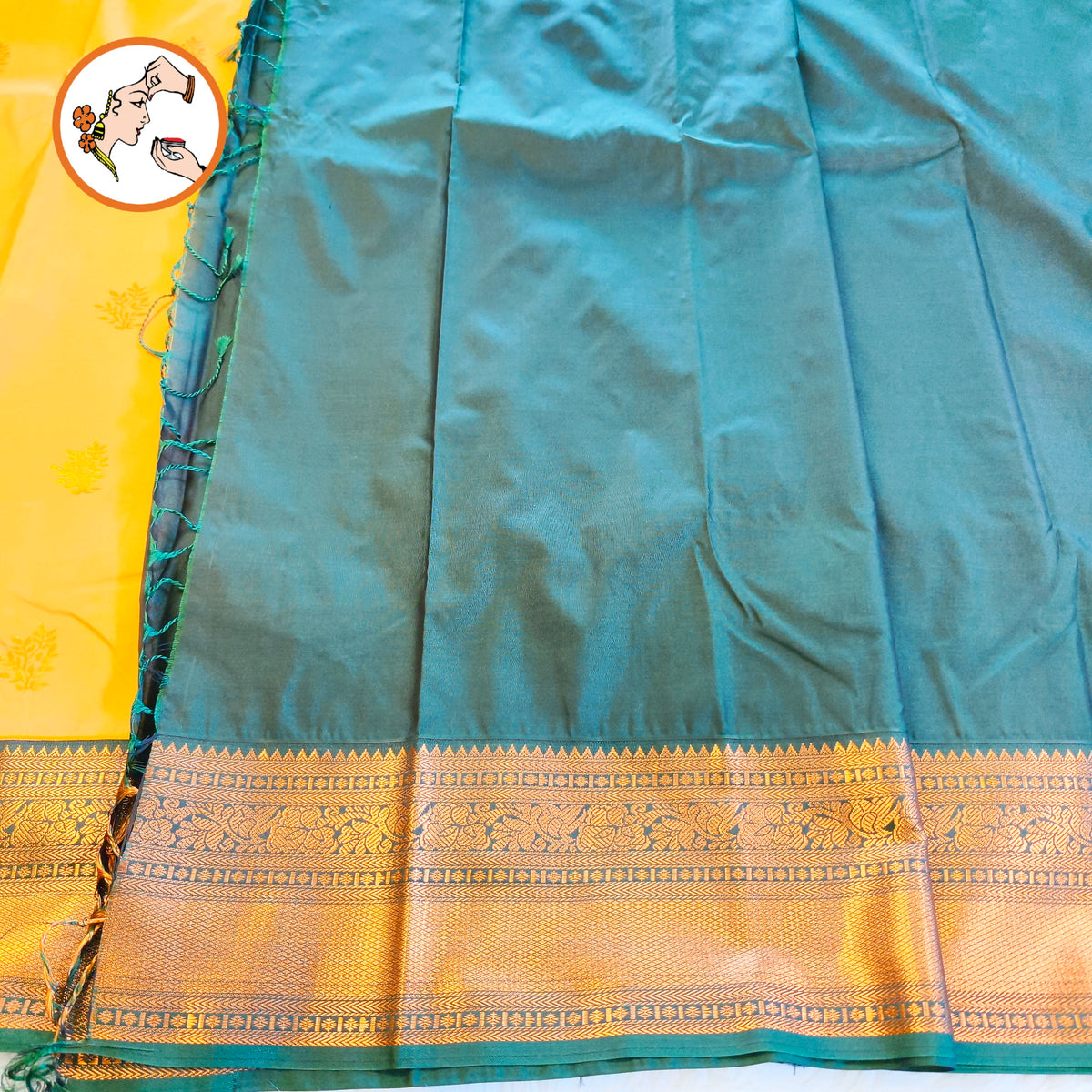 Apricot colour (Light Mango Yellow) with Dark Green border Kanchipuram Semi Silk Saree