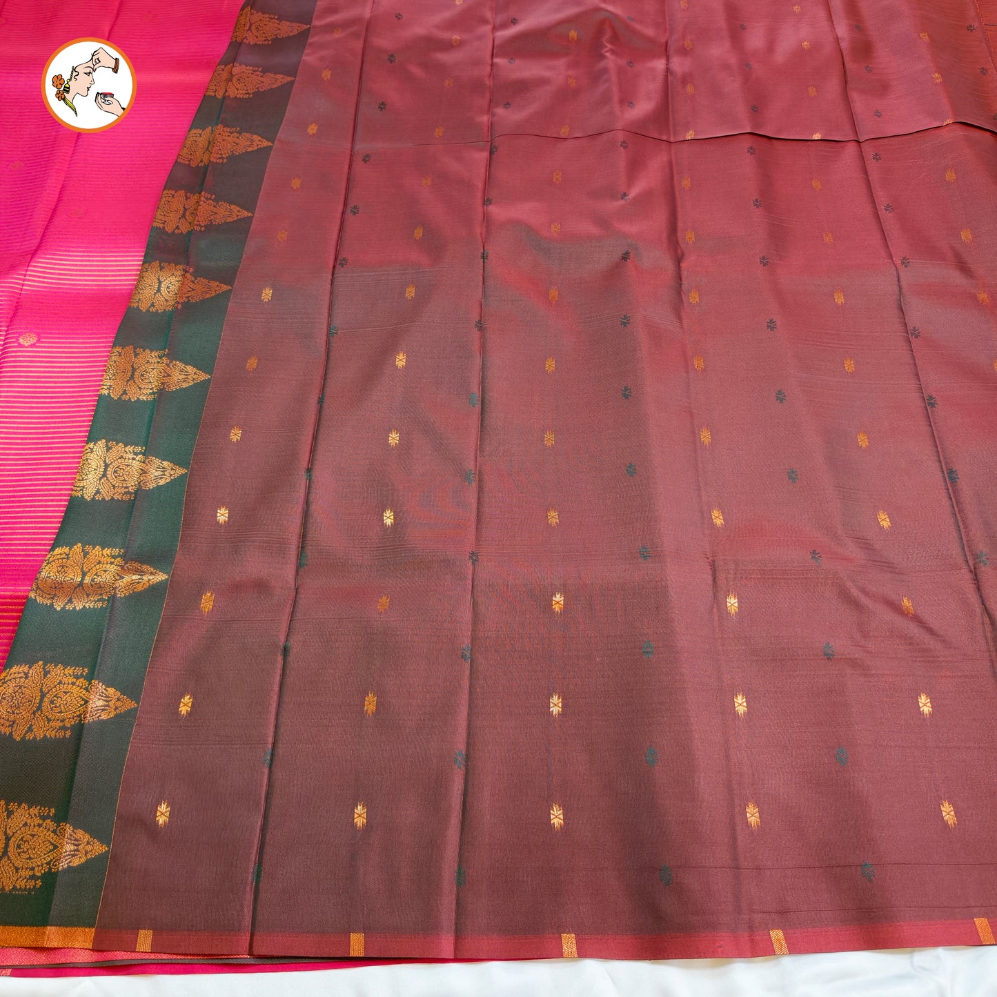 Pink & Green Semi Silk Saree with horizontal stripes & fancy border