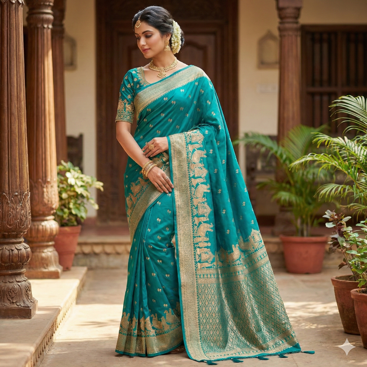 Peacock Blue Pallakku Banarasi Soft Silk Saree