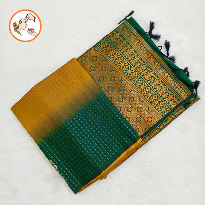 Mustard Yellow with Green raindrop design Soft Silk Saree