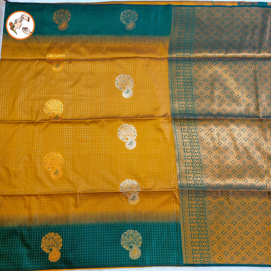 Mustard Yellow with Green raindrop design Soft Silk Saree