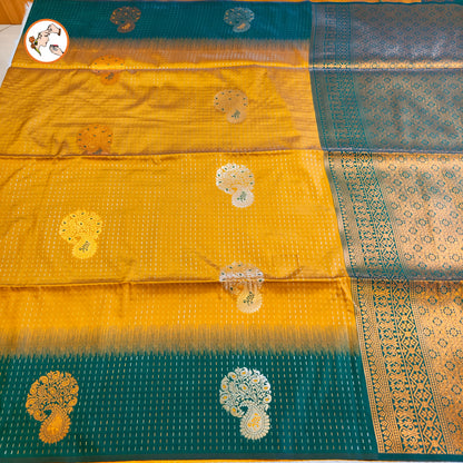 Mustard Yellow with Green raindrop design Soft Silk Saree