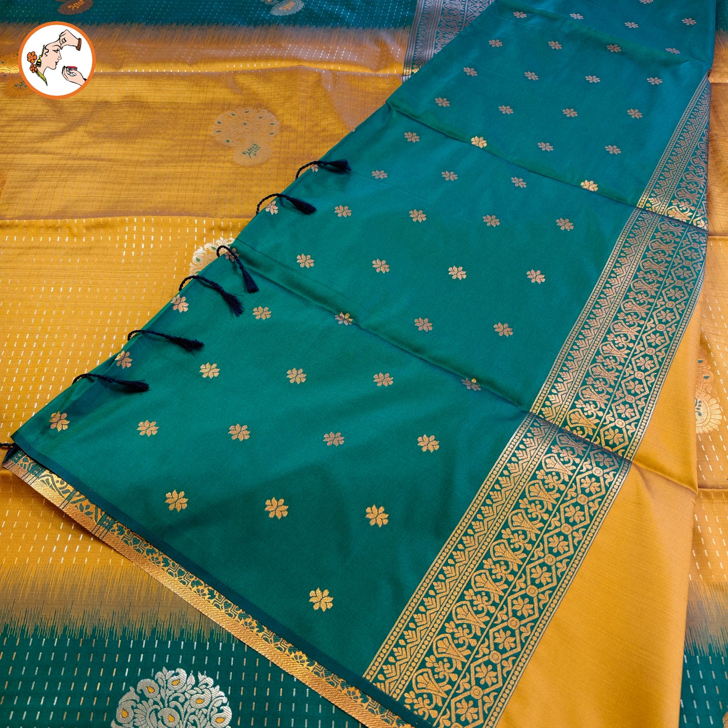 Mustard Yellow with Green raindrop design Soft Silk Saree
