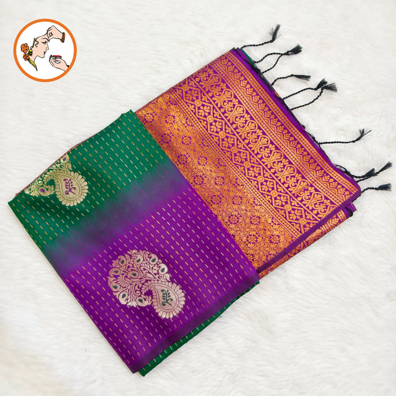 Dark Green with Purple raindrop design Soft Silk Saree